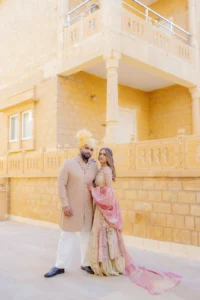 Bride Walking Through a Golden Courtyard