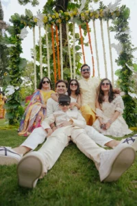 Bride and Groom Sitting Together in Garden