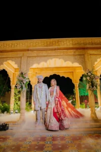Bride and Groom Under a Royal Archway