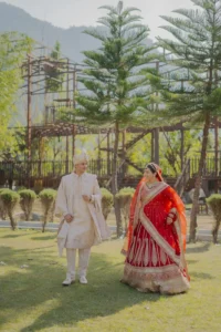 Bride and Groom Walking Together Outdoors