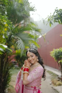 Bride in Pink Lehenga Among Palm Trees