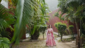 Bride in Pink Lehenga Among Palm Trees