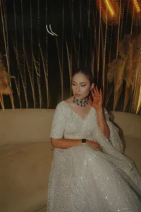 Candid Bridal Portrait During Evening Wedding Celebration