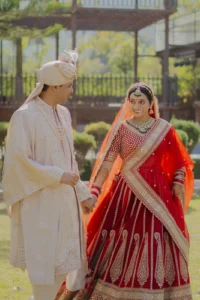 Candid Couple Portrait in Traditional Indian Wedding Dress