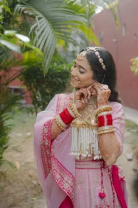 Close-Up Bridal Portrait in Pink Lehenga