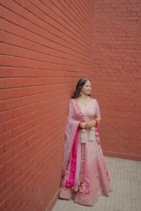 Full-Length Bride Portrait Against Pink Backdrop