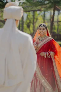 Intimate Bride and Groom Portrait in Red Bridal Attire