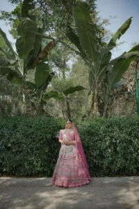 Pink Lehenga Bride in Garden Setting