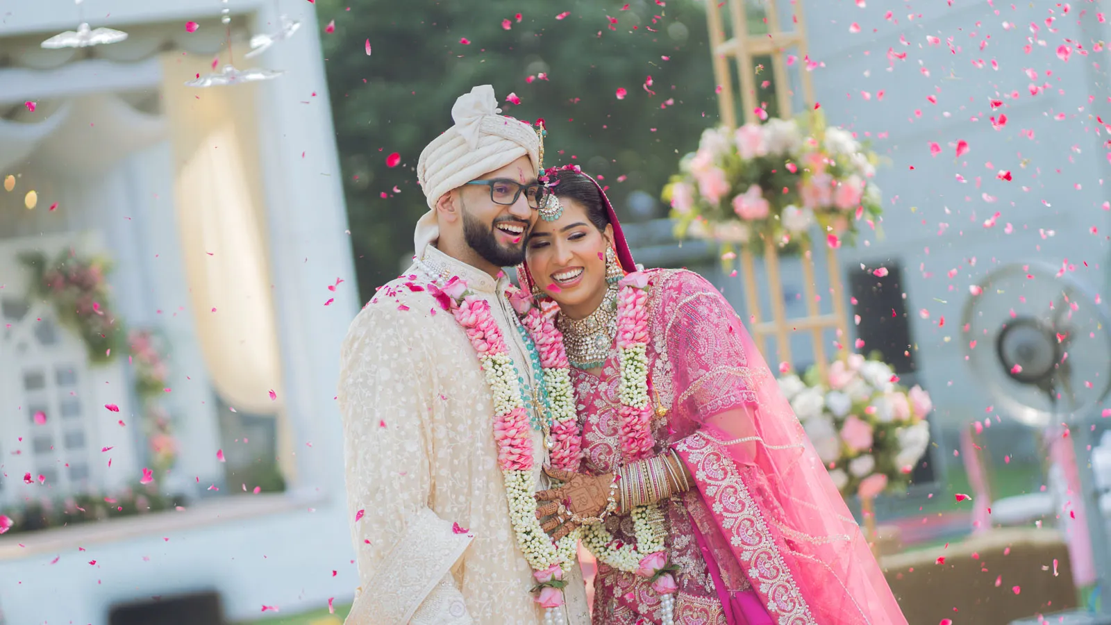 Rewari Wedding Couple Flower Shower Portrait