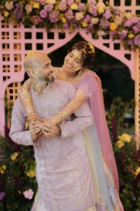 Romantic Couple Portrait with Floral Backdrop