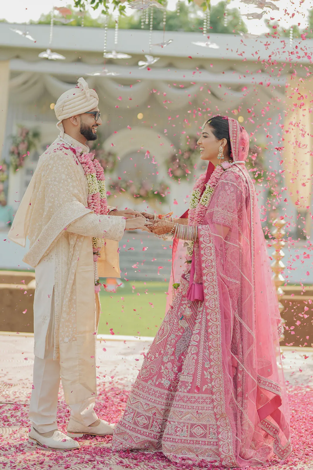 Romantic Wedding Portrait Under Flowers