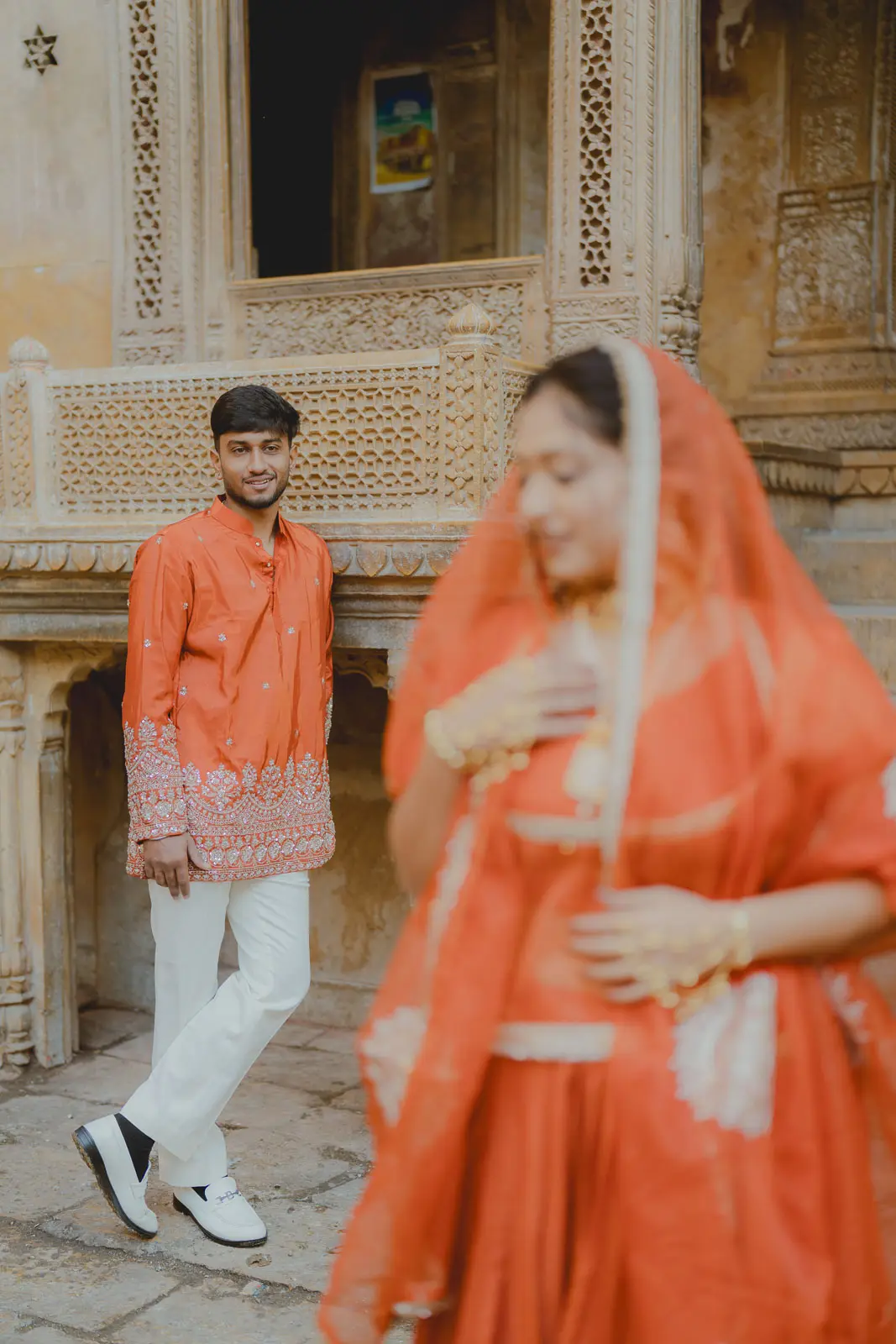 Vibrant Bridal Portrait Against Golden Jaisalmer Walls