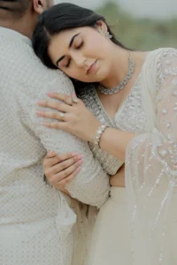 Close-up of woman resting head near man_s shoulder, Jaipur pre-wedding shoot