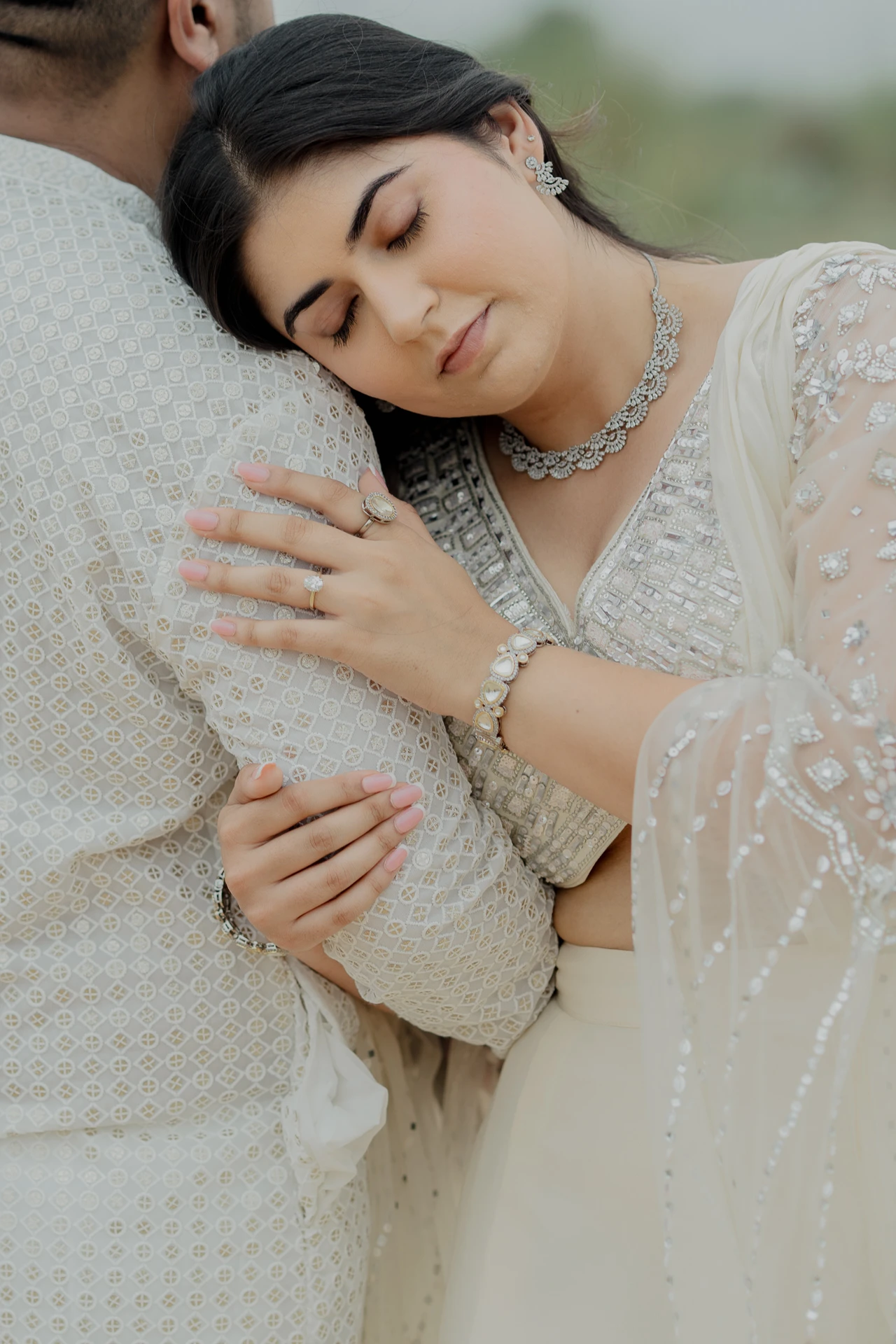 Close-up of woman resting head near man_s shoulder, Jaipur pre-wedding shoot