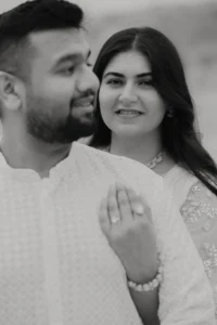Close-up portrait of couple in white outfits, Jaipur pre-wedding shoot