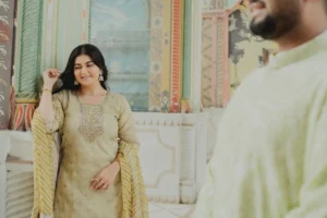 Couple standing close together in traditional outfits, Jaipur
