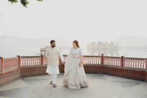Couple standing close together on a terrace, Jaipur pre-wedding shoot