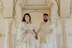Couple standing face to face inside a fort chamber
