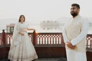 Couple standing together on a terrace, Jaipur pre-wedding shoot