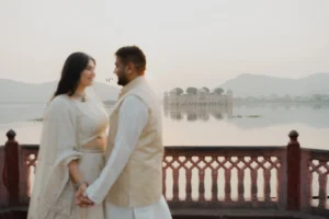 Couple standing together with distant landscape view, Jaipur pre-wedding shoot