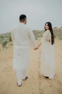 Couple walking together, backs to camera, Jaipur pre-wedding shoot