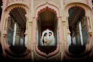 Empty ornate archway with colorful mosaic pillars, Jaipur