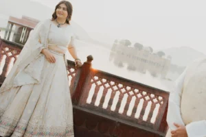 Woman standing near a terrace railing, Jaipur pre-wedding shoot